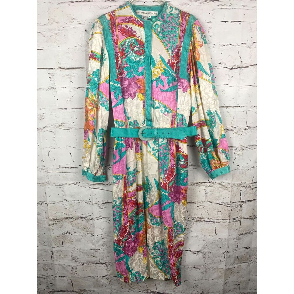 Vintage Anne Crimmins for UMI Collection 100% silk floral dress w/ scarf Belt 12